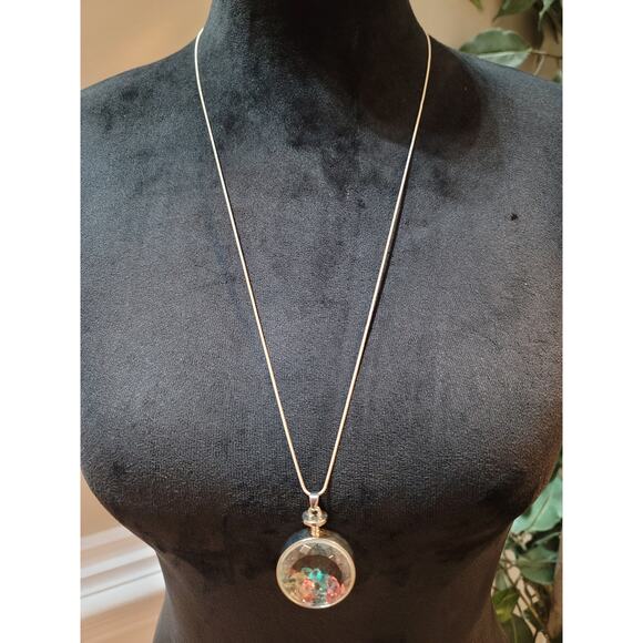 Women’s Long Pendant Necklace With Round Glass Locket And Multicolor Crystals - Picture 1 of 5
